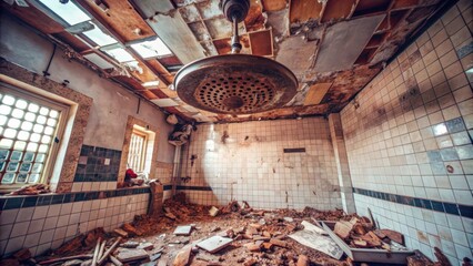 Wall Mural - A Rundown Room with a Damaged Ceiling and a Rusted Light Fixture