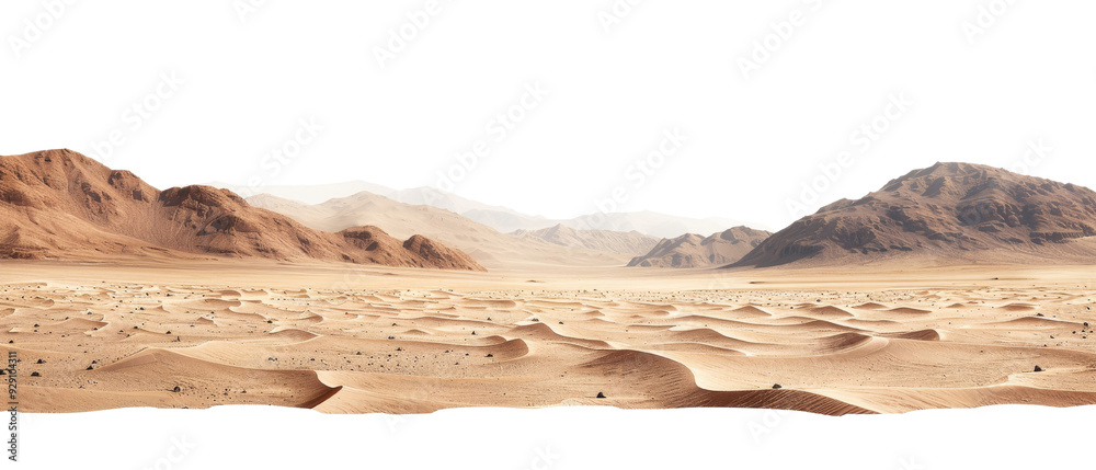 A vast desert landscape with rolling sand dunes and distant mountains ...
