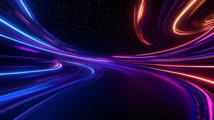 Wall Mural - Abstract digital landscape with vibrant light trails against a starry background.