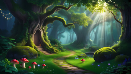 Wall Mural - enchanted forest glow generative ai