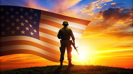 Silhouetted soldier stands at attention in front of a sunset-lit American flag, outlined against a vibrant orange and blue gradient background.