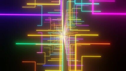 Wall Mural - the camera will fly through a dark tunnel with glowing multi-colored squares. 3d render looped animation