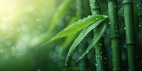 Wall Mural - Dew-Covered Bamboo Leaves and Stems with a Blurred Background