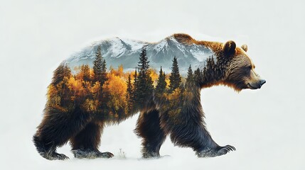 A grizzly bear with a double exposure of a mountainous landscape inside its silhouette, walking in snow.