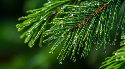 A beautifully detailed closeup view of a pine branch, adorned with glistening dew drops, showcases the vibrant green needles and refreshing essence of nature in a tranquil setting