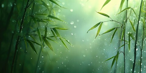 Poster - Dew-Covered Bamboo Shoots in a Misty Green Forest