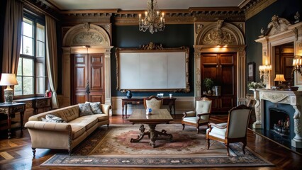 Poster - Ornate Living Room with a Fireplace and Large Framed Mirror