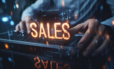Poster - a person is typing on a keyboard with the word sales written in glowing letters