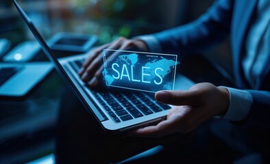 Poster - A person is typing on a laptop with a screen that says 
