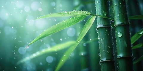 Poster - Close-up of Dewy Bamboo Stalks and Leaves