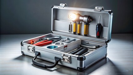 Sleek, silver metal toolbox with organized compartments, LED flashlight, and precision instruments against a clean, minimalist background, symbolizing modern technology and efficiency.