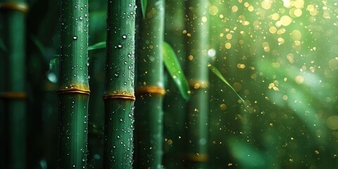 Wall Mural - Dew-Covered Bamboo Stalks in Sunlight with Golden Bokeh