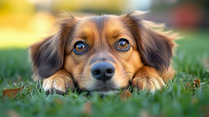 A close-up of a dog resting on the grass, showcasing its expressive eyes and fur.