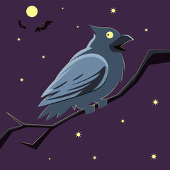 isolated one halloween cute raven on dark background with two bats. vector halloween digital illustration