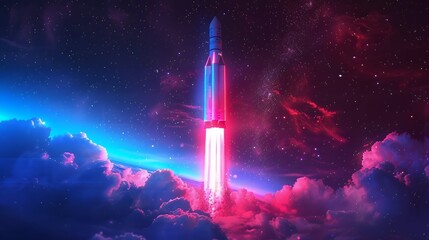 Wall Mural - Colorful rocket launching with neon light and smoke