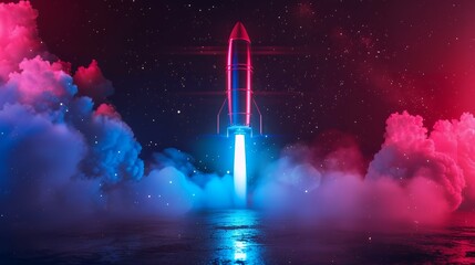 Wall Mural - Colorful rocket launching with neon light and smoke