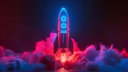 Wall Mural - Colorful rocket launching with neon light and smoke