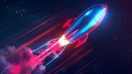 Wall Mural - Colorful rocket launching with neon light and smoke