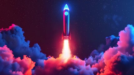 Wall Mural - Colorful rocket launching with neon light and smoke