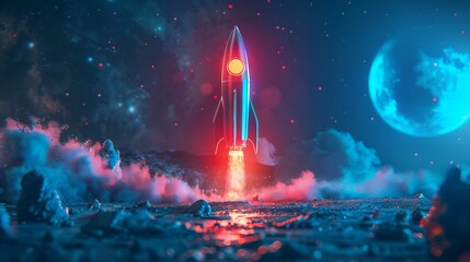 Wall Mural - Colorful rocket launching with neon light and smoke