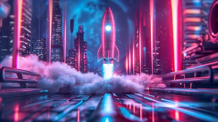 Wall Mural - Colorful rocket launching with neon light and smoke