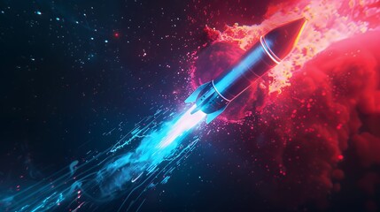 Wall Mural - Colorful rocket launching with neon light and smoke