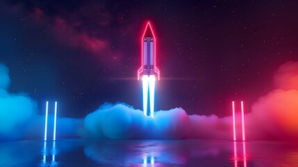 Wall Mural - Colorful rocket launching with neon light and smoke