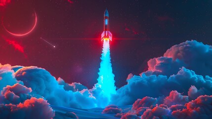 Wall Mural - Colorful rocket launching with neon light and smoke