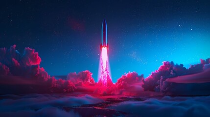 Wall Mural - Colorful rocket launching with neon light and smoke