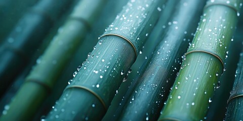 Wall Mural - Close-up of Dew-Covered Green Bamboo Stalks