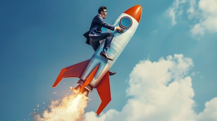 A Businessman riding a rocket in the sky, concept business of businessman with success.