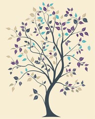 Serene Orchard: Bold Lines, Vibrant Hues - A tree with leaves and branches