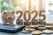 © Alexandra - Piggy bank standing on increasing stacks of coins near calculator and number 2025 against blurred background, concept of money saving plan
