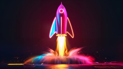 Wall Mural - Colorful rocket launching with neon light and smoke