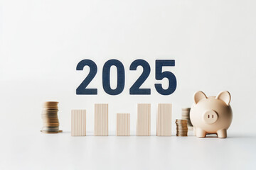 Piggy bank and stacks of coins are flanking a bar chart showing positive growth for the year 2025