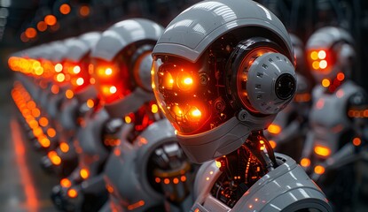 A row of AI robots with glowing red and yellow lights, connected to each other with wires on their heads. 