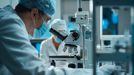 Doctor at a optical clinic with futuristic ophthalmoscope equipment performing eye test and vision cure research as wide banner with copy space area