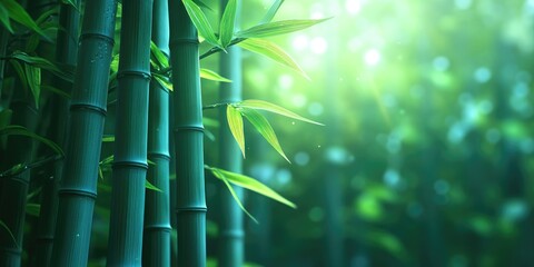 Poster - Close-up of Lush Green Bamboo Stalks in a Forest Setting