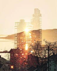 Wall Mural - Sotra Skyline Double Exposure Bright Beige Poster - A sun shining through a building under construction