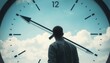 © Thanayut - Minimalist composition person facing a large clock hands pointing towards the future emphasizing the concept of hope