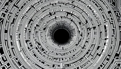 monochrome labyrinth intricate line work dense pattern central void representing clarity amidst chao