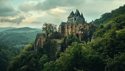 A castle is on a hill with a cloudy sky in the background