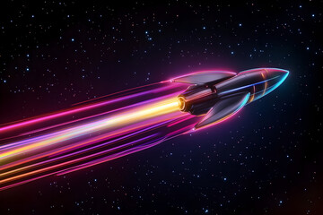 Wall Mural - Neon spaceship flying through galaxy isotated on black background.