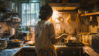 Poster - A woman is sitting in a kitchen with a pot on the stove