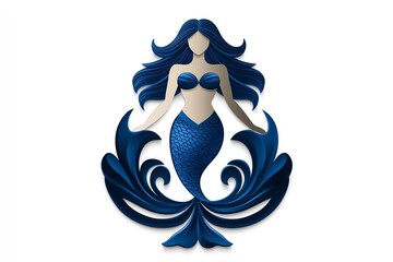 Poster - A blue mermaid with flowing hair and a tail, surrounded by stylized waves, stands against a white background.