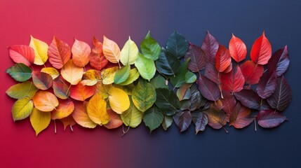 Poster - A vibrant display of autumn leaves is arranged in a horizontal line, showcasing a spectrum of colors against a gradient background.