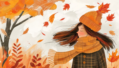 Wall Mural - A girl wearing a yellow hat and a scarf is standing in a field of yellow leaves