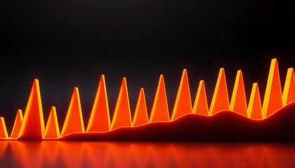 Wall Mural - Sharp glowing orange lines in 3D rising on a black background each segment illustrating progressive financial control and growth