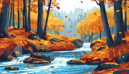 A painting of a river with autumn leaves and rocks