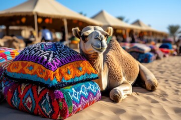 Aufkleber - A camel rests on colorful cushions in a desert setting